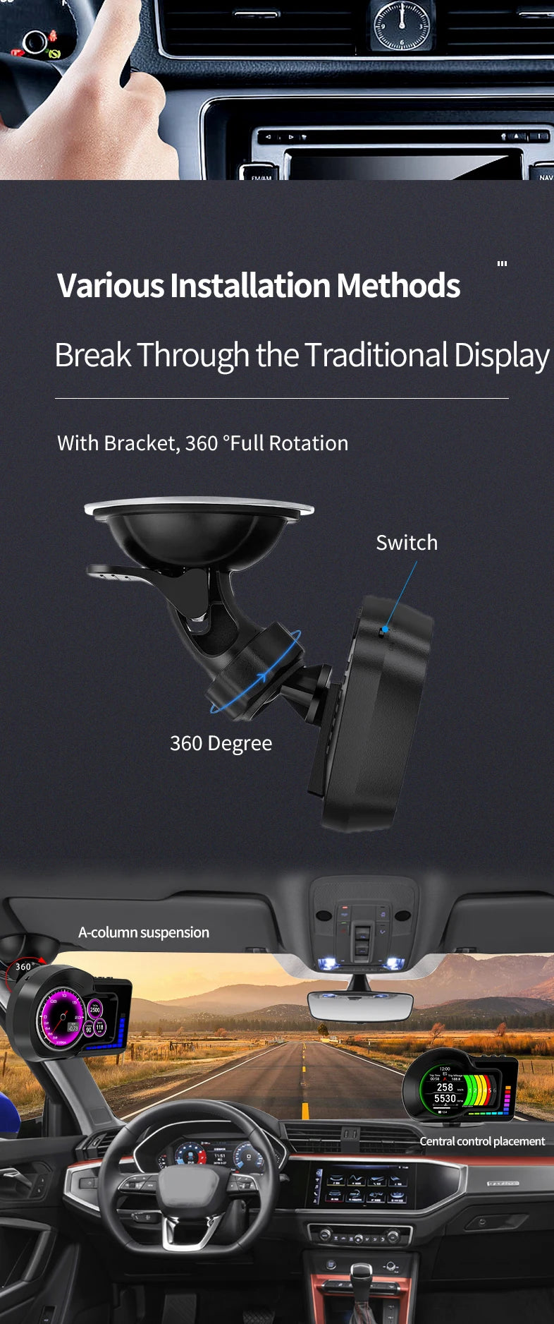 A close-up view of a smart display device installed in a car dashboard, showing various installation methods and features.