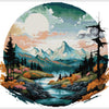 Cross stitch kit depicting an autumn mountain landscape with evergreen trees and a bright sky.
