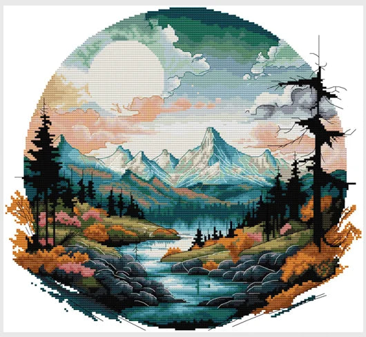 Cross stitch kit depicting an autumn mountain landscape with evergreen trees and a bright sky.