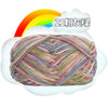 A ball of multi-colored milk cotton blend yarn with pink, green, and gray threads is shown against a white cloud background.