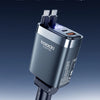 A close-up shot of a black car charger with multiple ports, shown against a dark background.