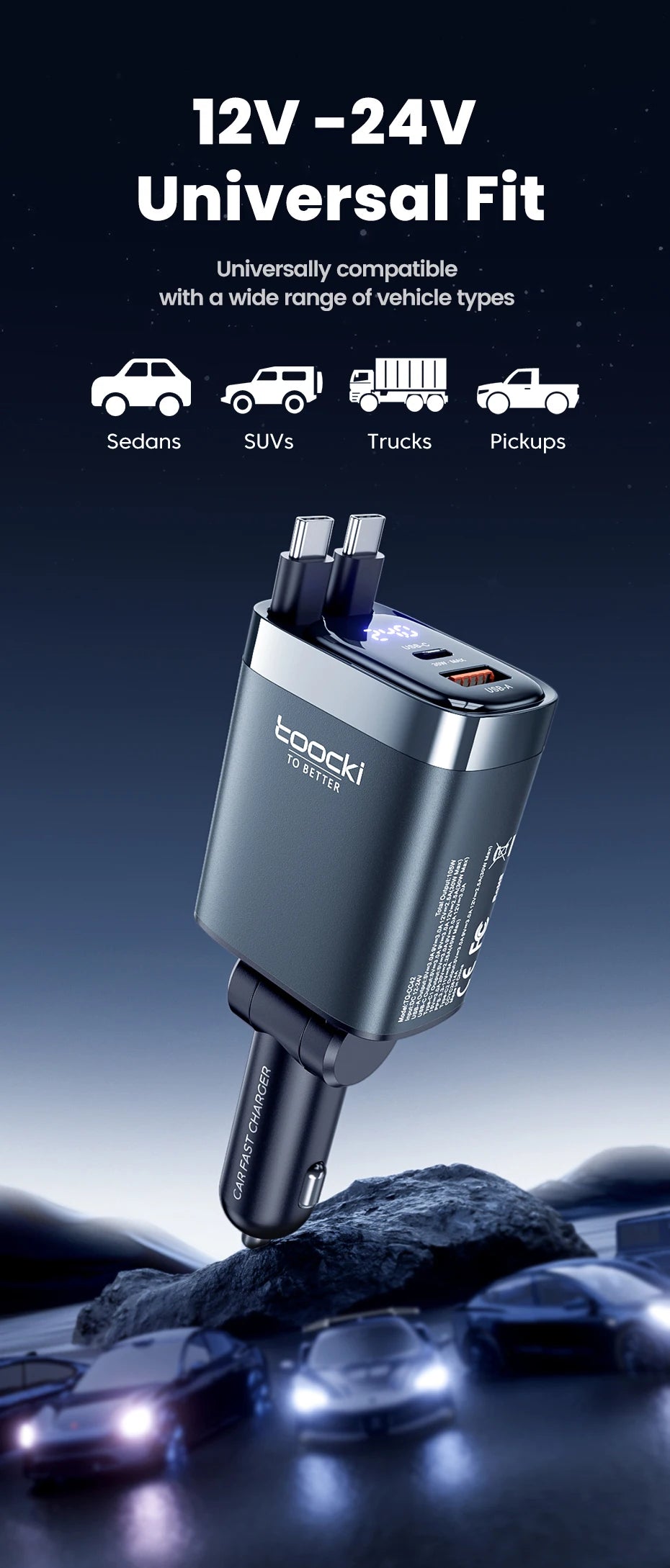 A close-up shot of a black car charger with multiple ports, shown against a dark background.