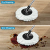 A microfiber mop head is shown performing dry and wet mopping on a wooden floor.