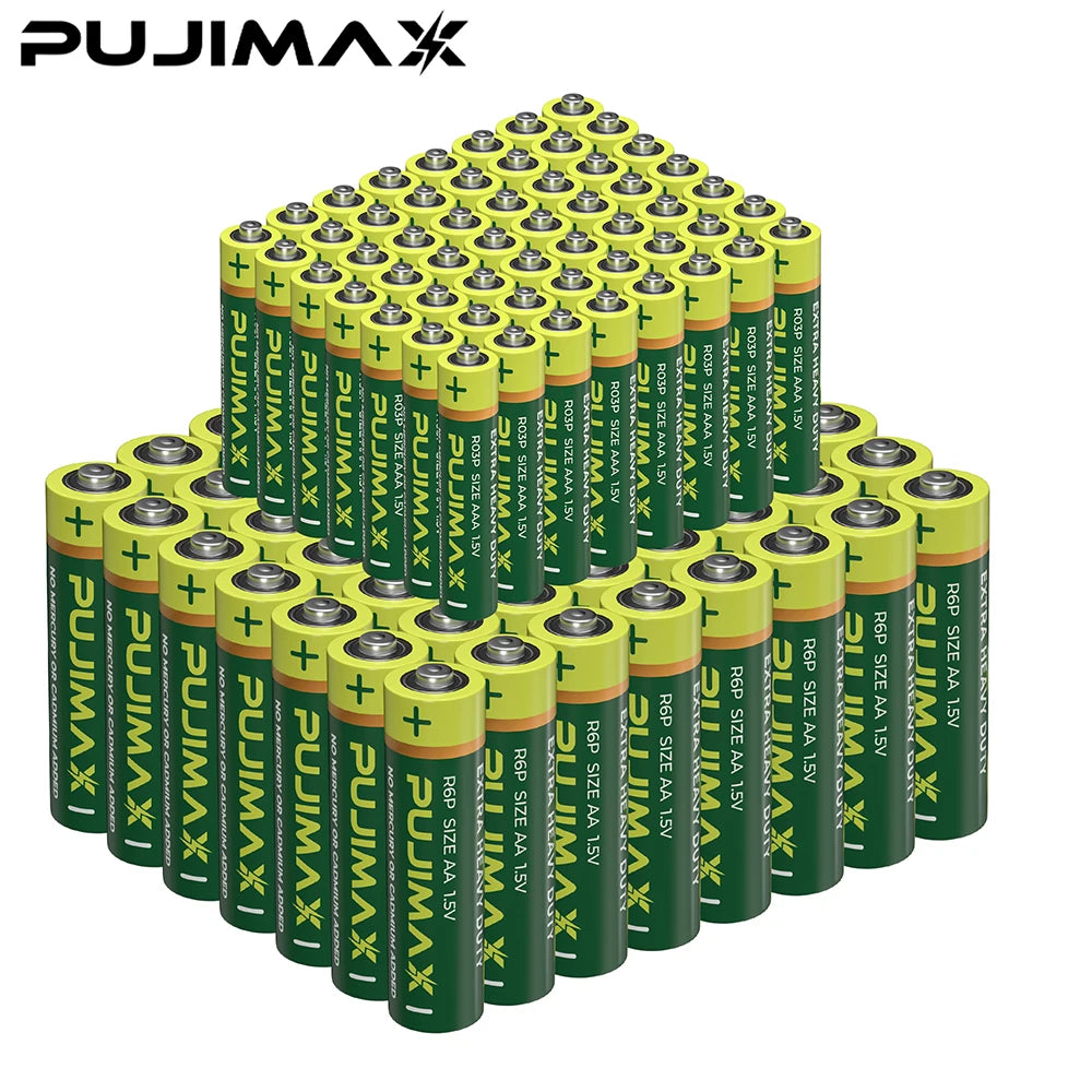 A large quantity of green and yellow heavy duty disposable AA and AAA dry cell batteries arranged in a grid.