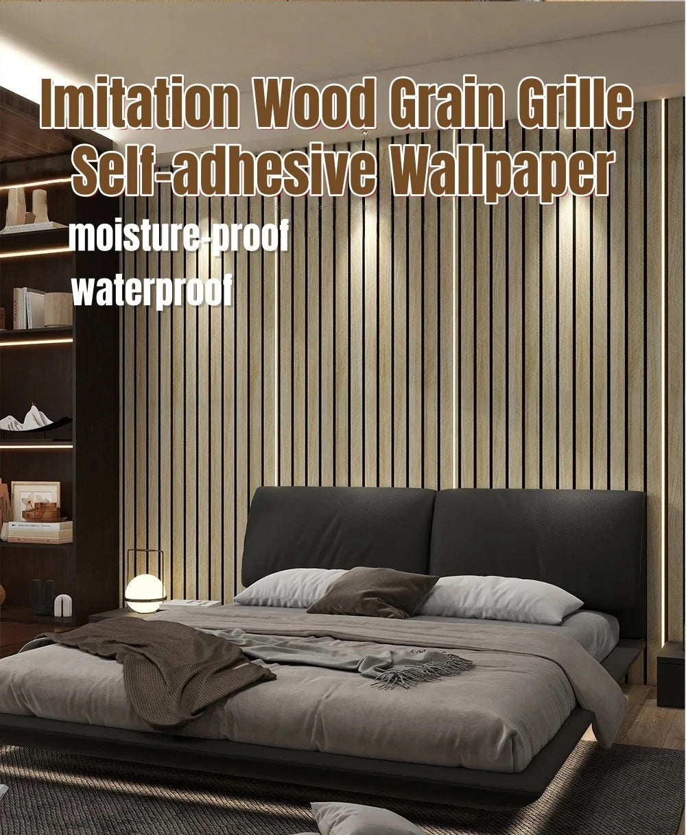 A close-up of imitation wood grain self-adhesive wallpaper installed as vertical stripes on a modern wall behind a bed.