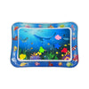 A blue inflatable baby water play mat filled with colorful floating fish and sea creatures.
