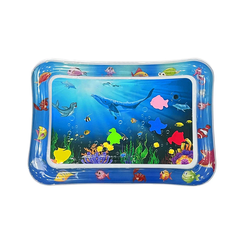 A blue inflatable baby water play mat filled with colorful floating fish and sea creatures.