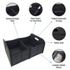 Black foldable car trunk organizer featuring reinforced walls, mesh pockets, rubber bands, and a loadable foldable bottom.