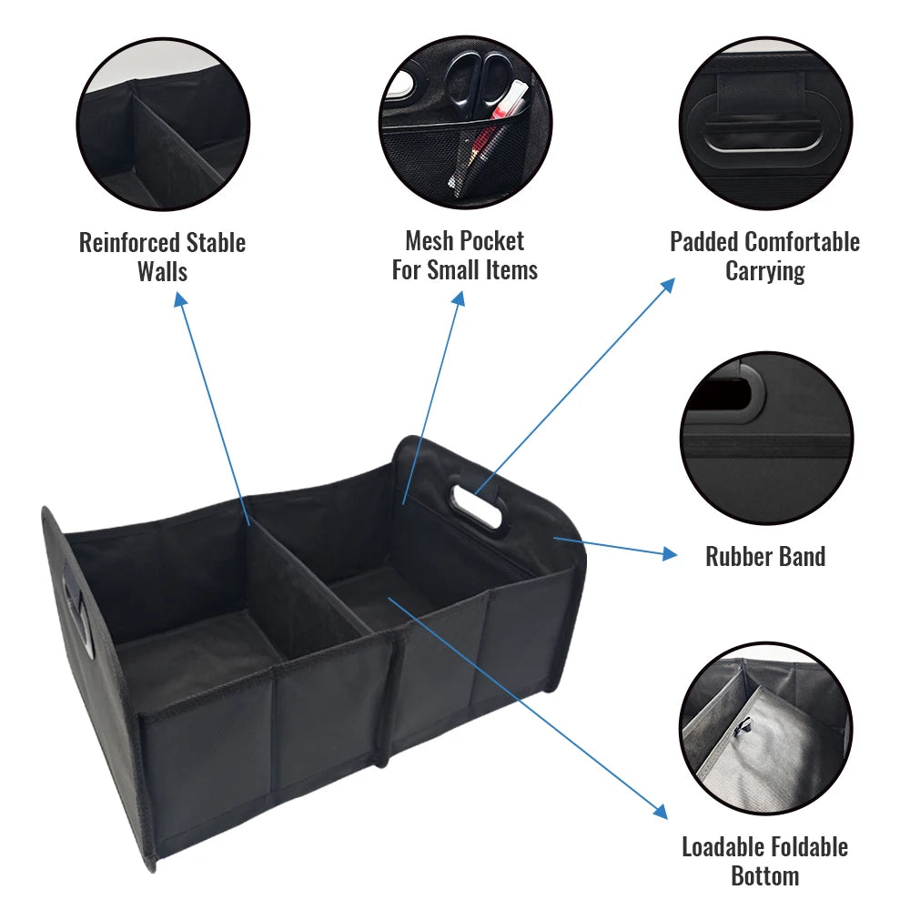 Black foldable car trunk organizer featuring reinforced walls, mesh pockets, rubber bands, and a loadable foldable bottom.