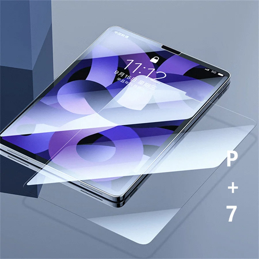 A close-up of a smartphone displaying the time 11:12 with a purple and blue abstract background, resting on a clear tempered 