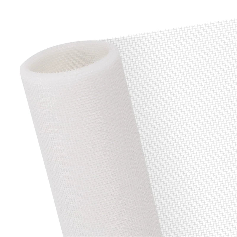 Roll of white fiberglass window screen mesh used as an insect barrier for doors and windows