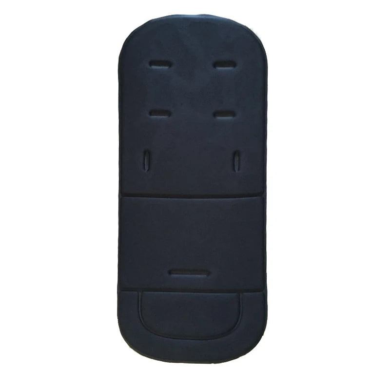 A black cartoon baby stroller seat cushion with various molded features.