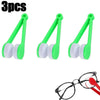 Three pairs of green and white microfiber glasses cleaning tools shown next to a pair of eyeglasses.