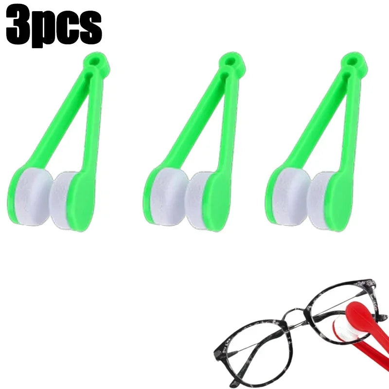 Three pairs of green and white microfiber glasses cleaning tools shown next to a pair of eyeglasses.