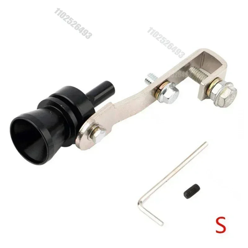A metal turbo sound whistle fitting with a black nozzle and adjustable clamp mechanism.