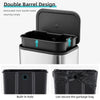 Double barrel design of a stainless steel trash can with a removable inner bucket and soft-close lid