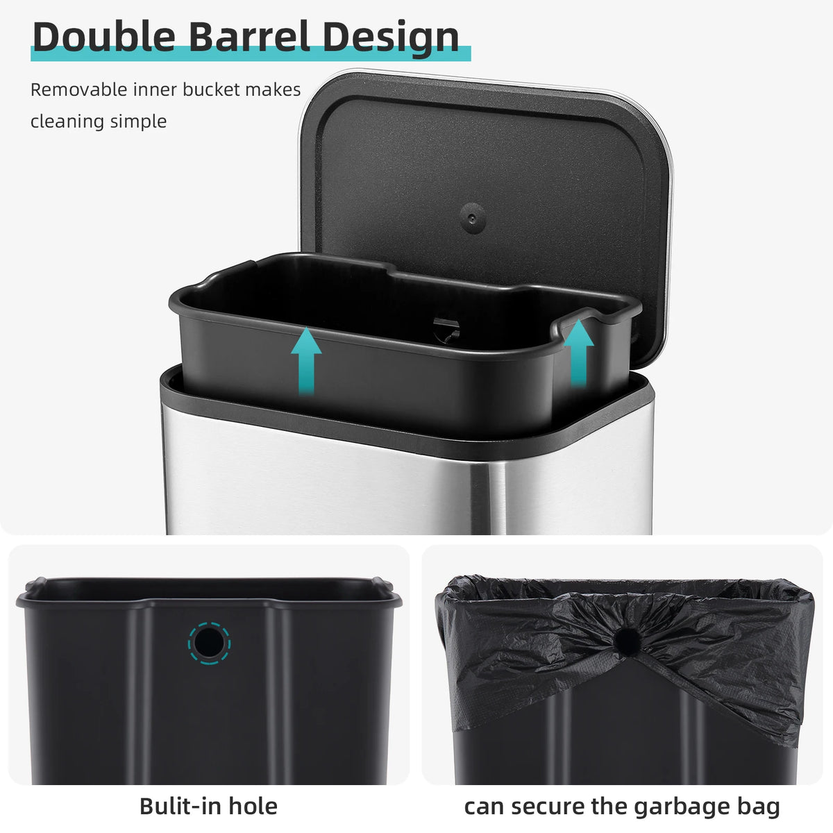 Double barrel design of a stainless steel trash can with a removable inner bucket and soft-close lid