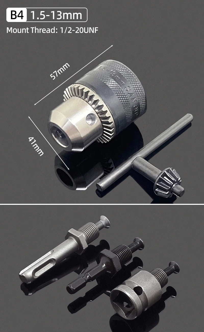 A drill chuck assembly showing a 1.5-13mm mount thread and various adapter options.