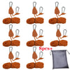 Eight sets of orange camping rope tensioners with pulley buckles and a storage bag
