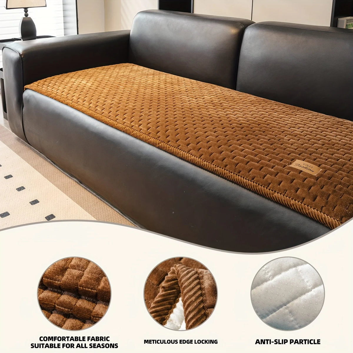 A quilted brown fabric sofa cover with a textured surface and non-slip backing shown in various views.