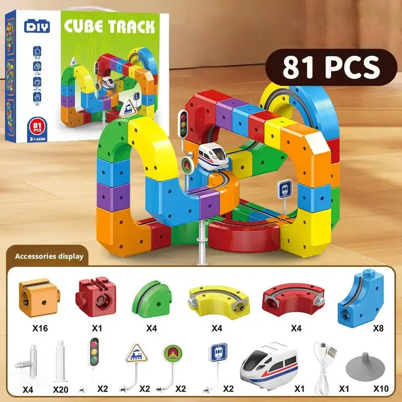 A set of 81 pieces of Cube Track building blocks in various colors and shapes, along with accessories for an electric train s