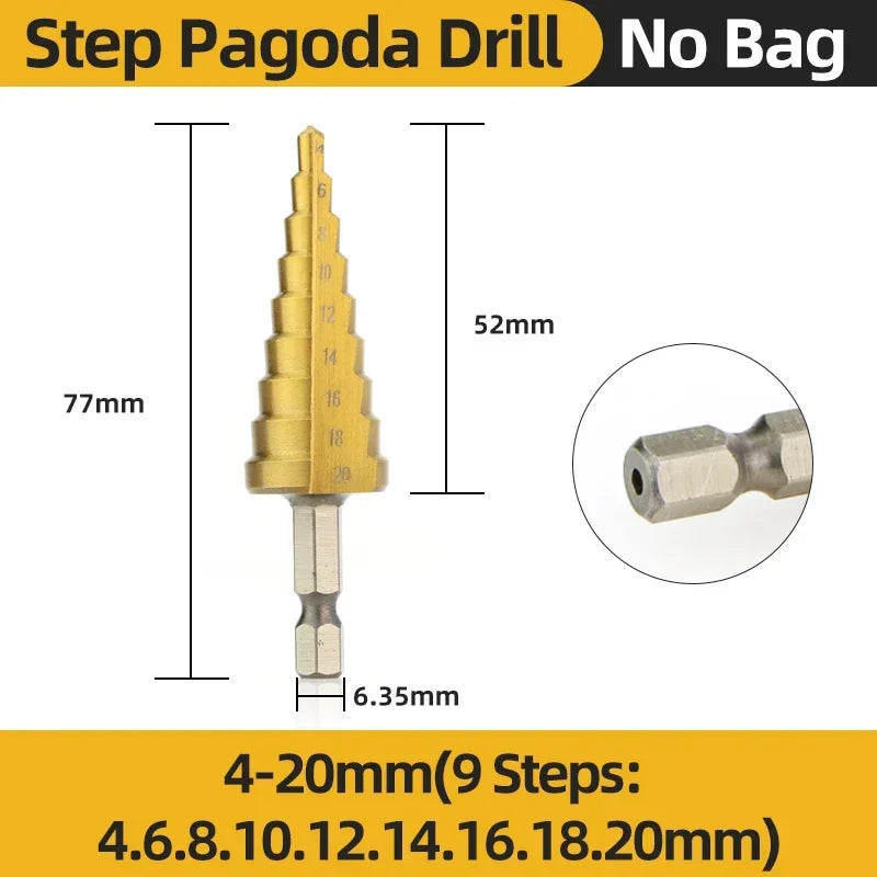 A set of titanium step drill bits ranging from 4 to 20mm, showing various cone sizes and a hexagonal tip.