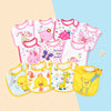A set of colorful waterproof baby bibs and burp cloths featuring various cartoon prints like bears, flowers, and animals.