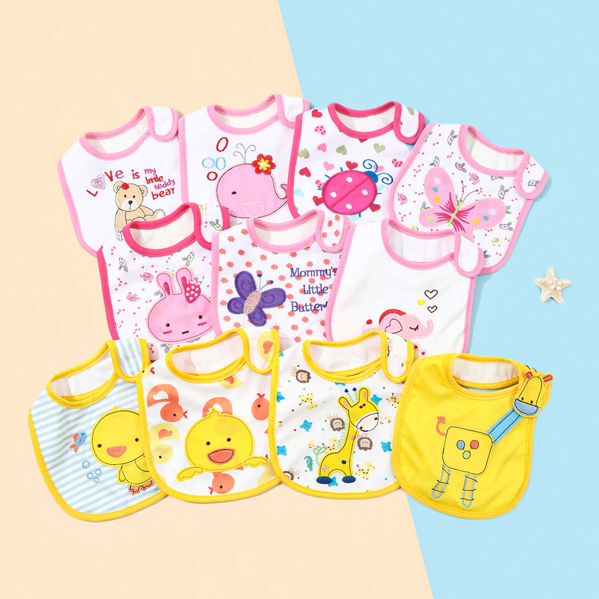 A set of colorful waterproof baby bibs and burp cloths featuring various cartoon prints like bears, flowers, and animals.