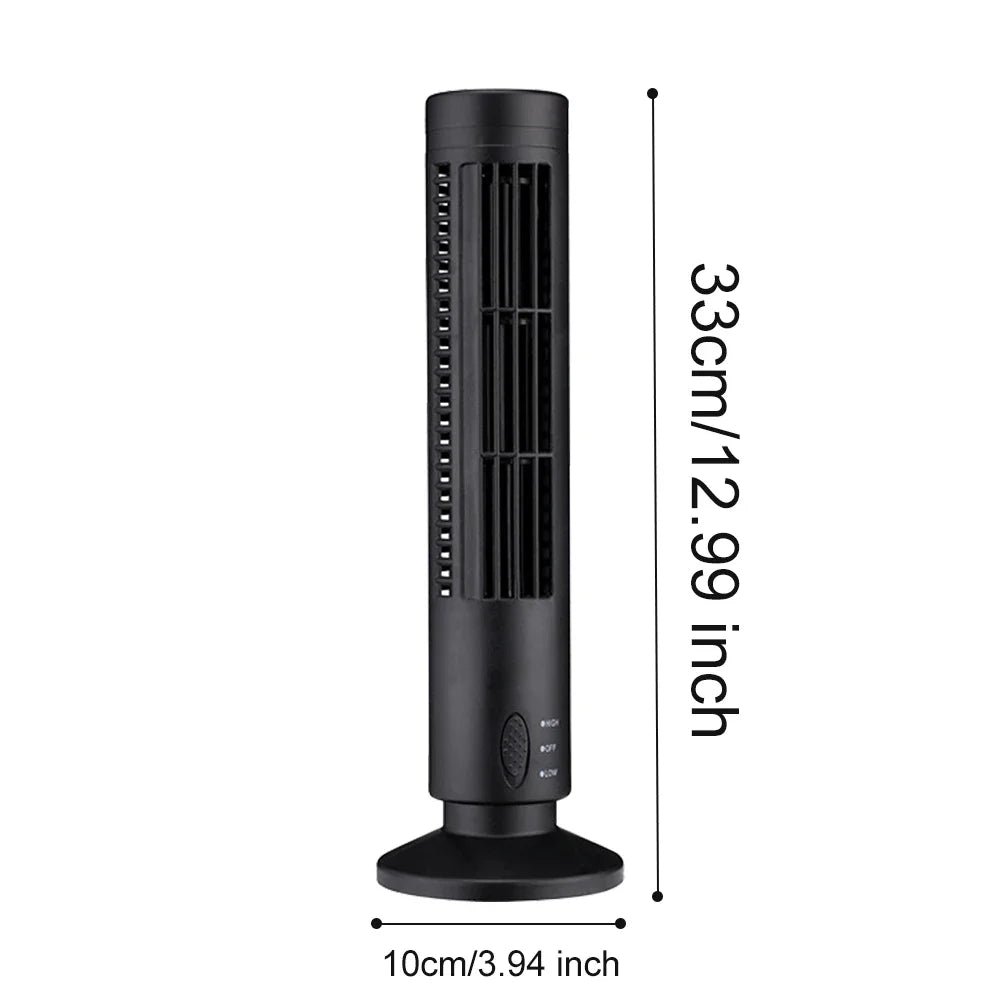 A black compact bladeless tower fan shown in a vertical profile with dimensions listed.