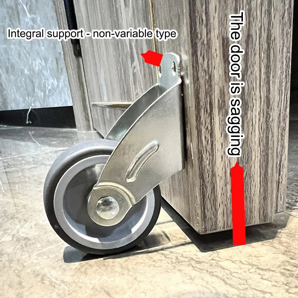 A silver door bottom support wheel is shown sagging from a wooden cabinet, illustrating the non-variable type.