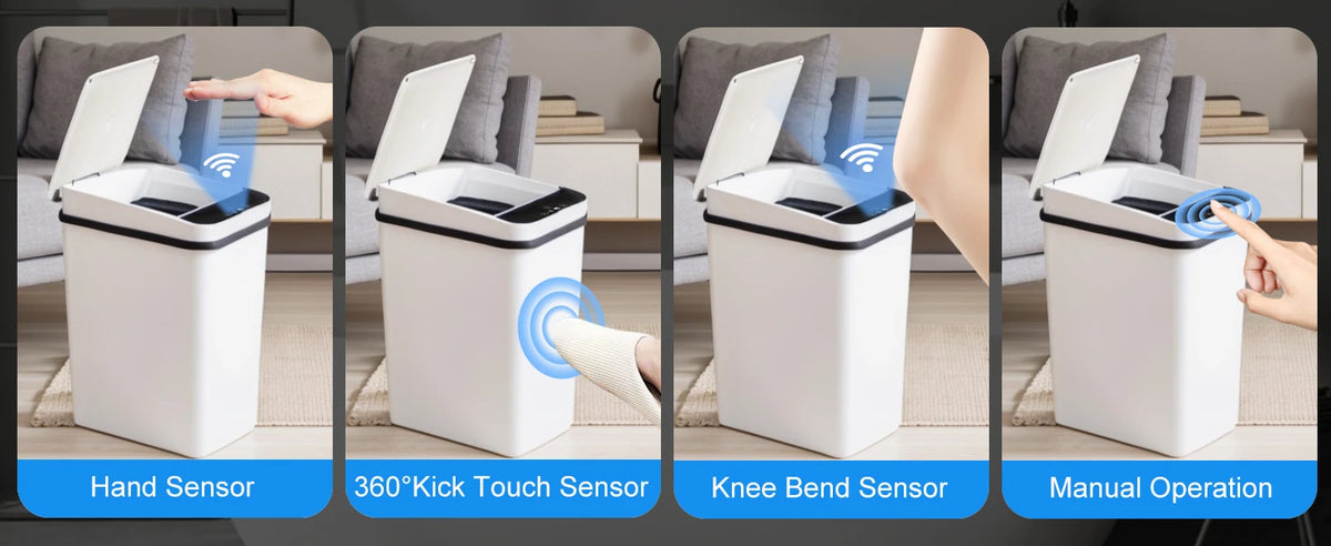 Demonstration of various sensors for a motion sensor slim trash can including hand, kick touch, knee bend, and manual operati