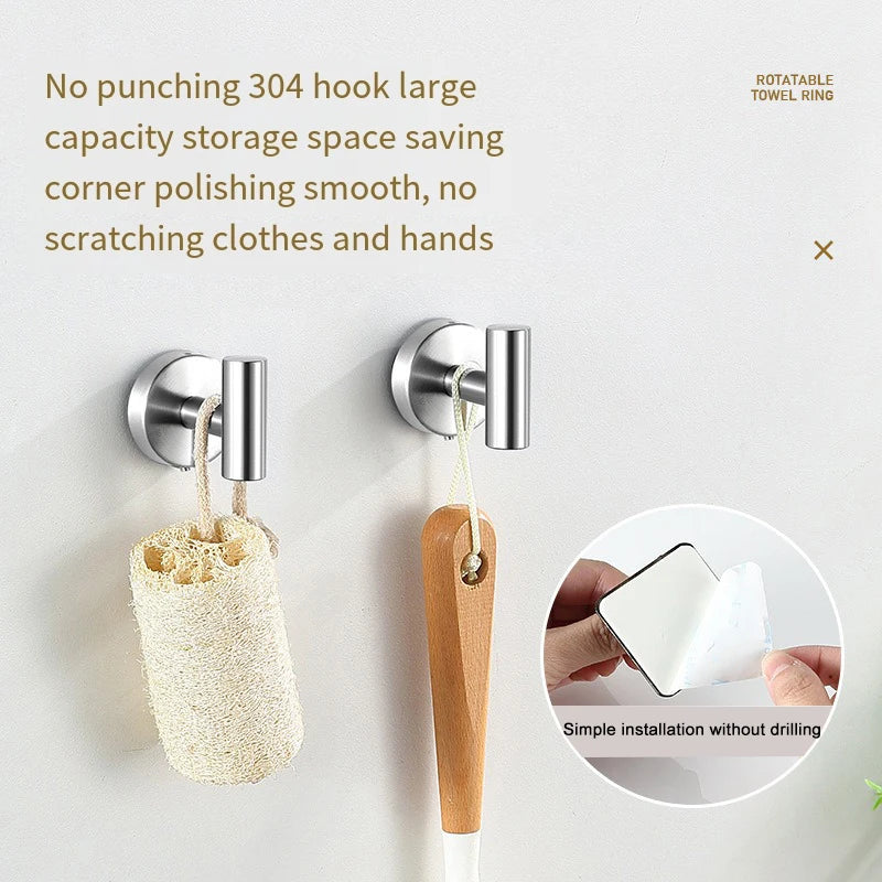 Stainless steel towel ring with a natural wood hanger for easy installation
