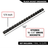 Black socket organizer rail with 1/4 inch spacing and 16 clips for storing 16-1/4 drive sockets