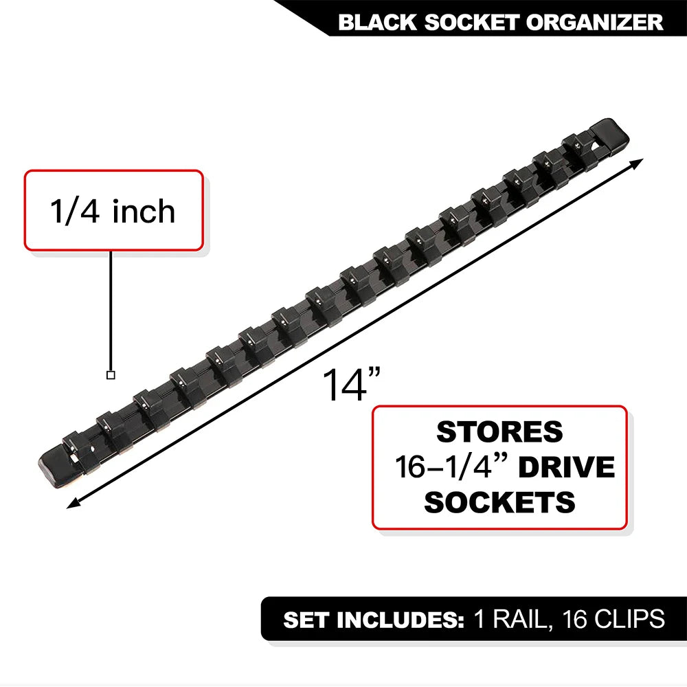 Black socket organizer rail with 1/4 inch spacing and 16 clips for storing 16-1/4 drive sockets