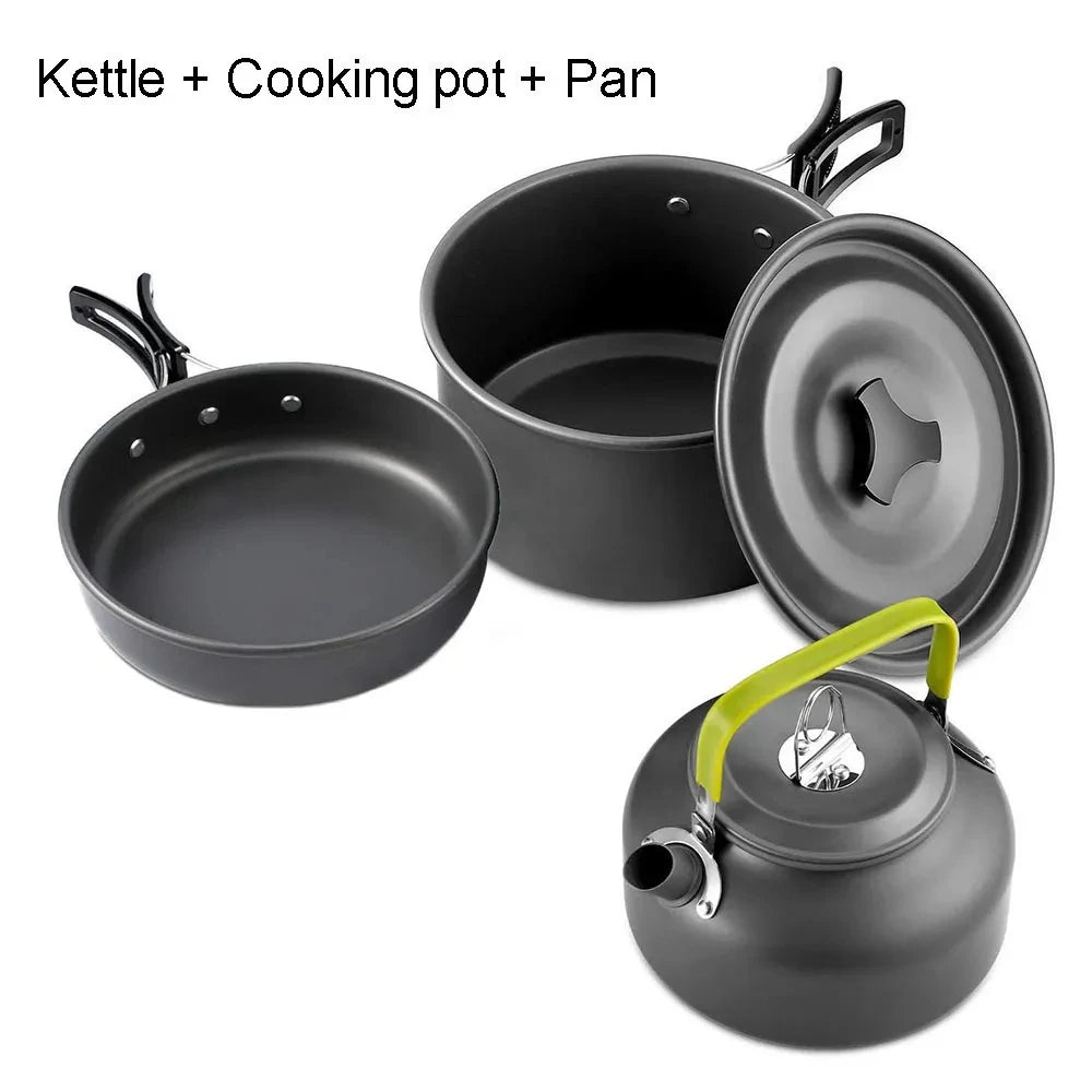 Juego de cocina portátil de aluminio negro para acampar, incluye tetera, olla y sartén.