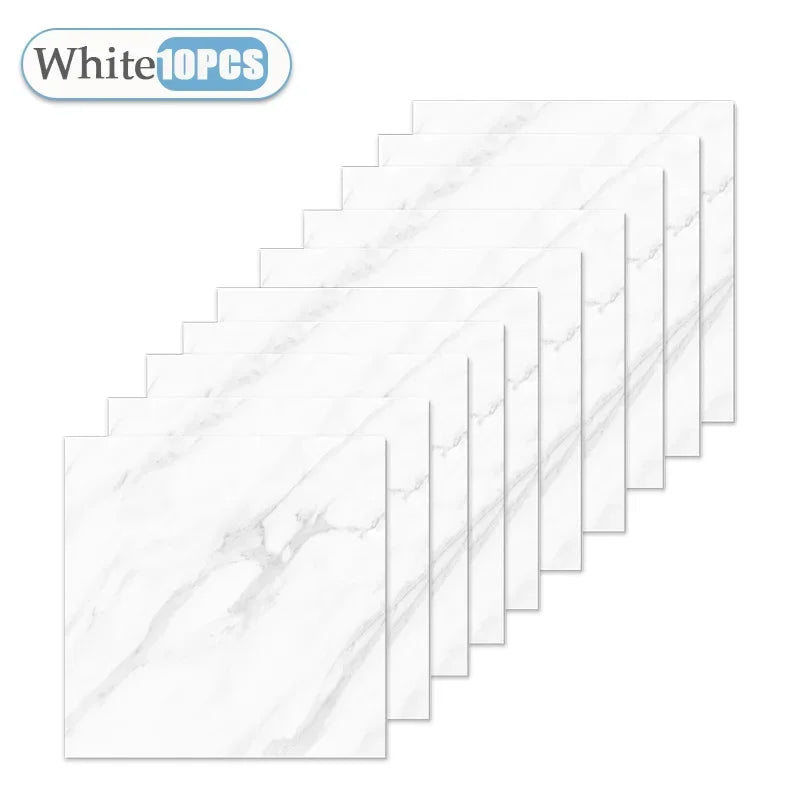 A set of ten white marble tile stickers for kitchen and bathroom decor.