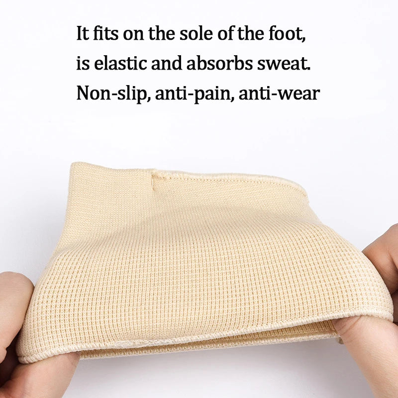 A beige gel forefoot cushion pad is shown being placed on the sole of a foot.