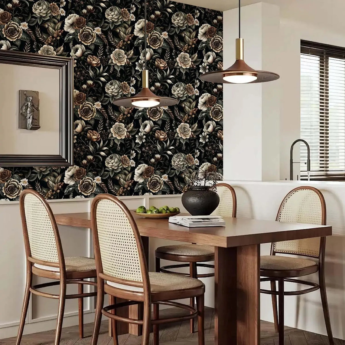 A dining room featuring a wooden table and chairs set against a dark floral wallpaper backdrop.