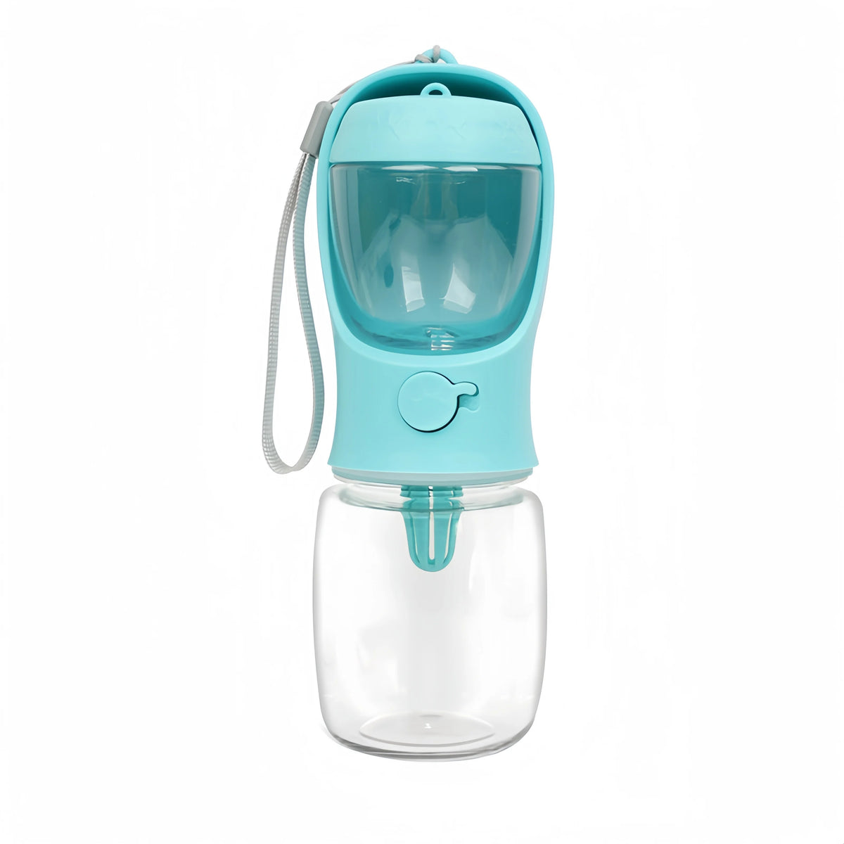 A light blue portable pet water bottle with a clear storage container and a silicone spout.