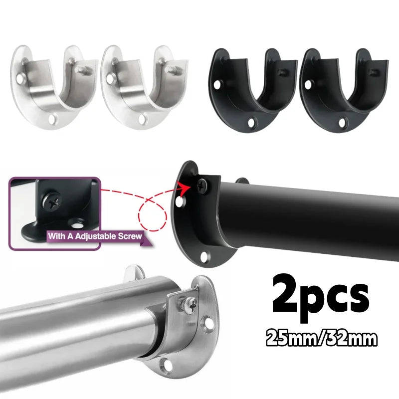 Zwei Paar Edelstahl-Kleiderstangenhalter in Schwarz und Silber zum Montieren von Stangen.