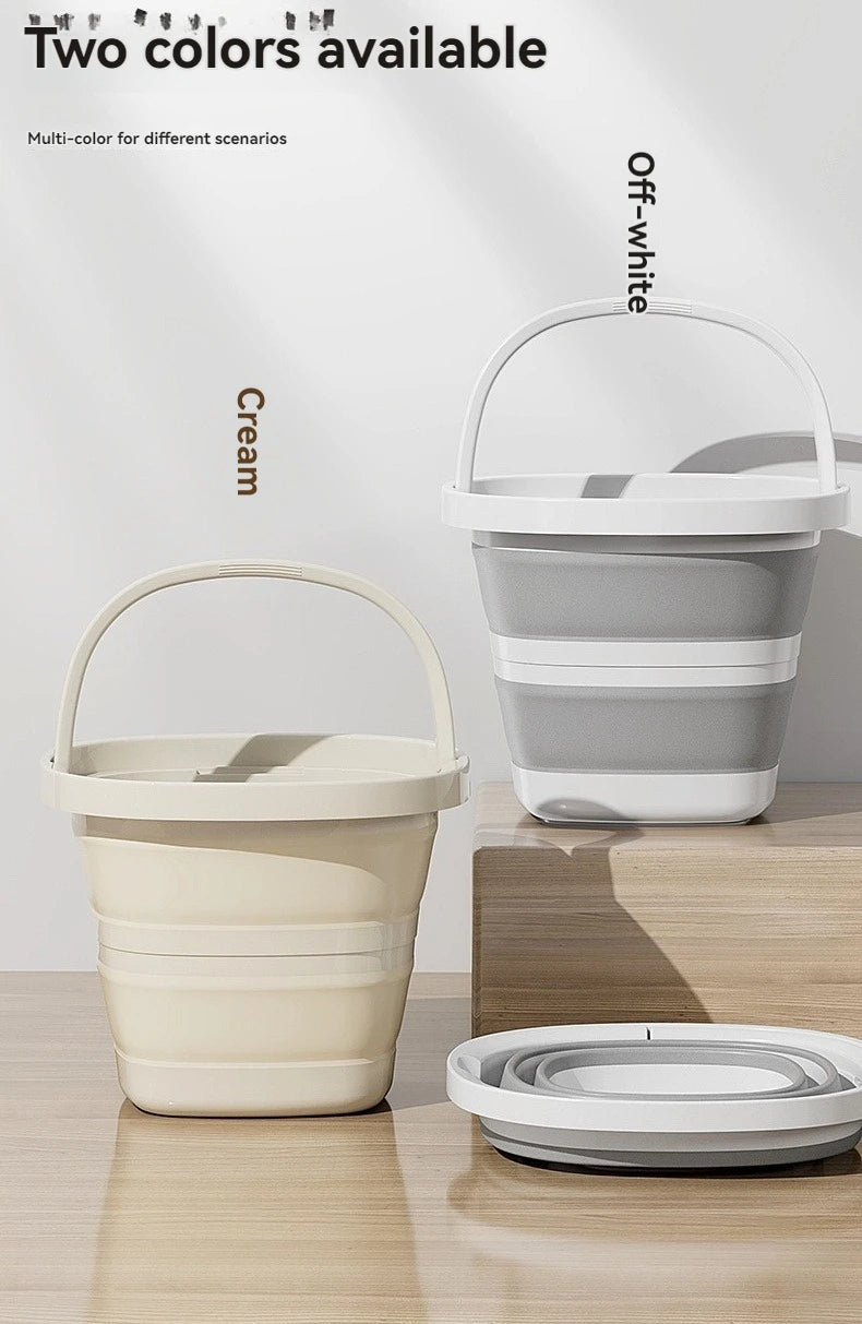 Two colors available for a foldable portable wash basin with handle in cream and off-white.