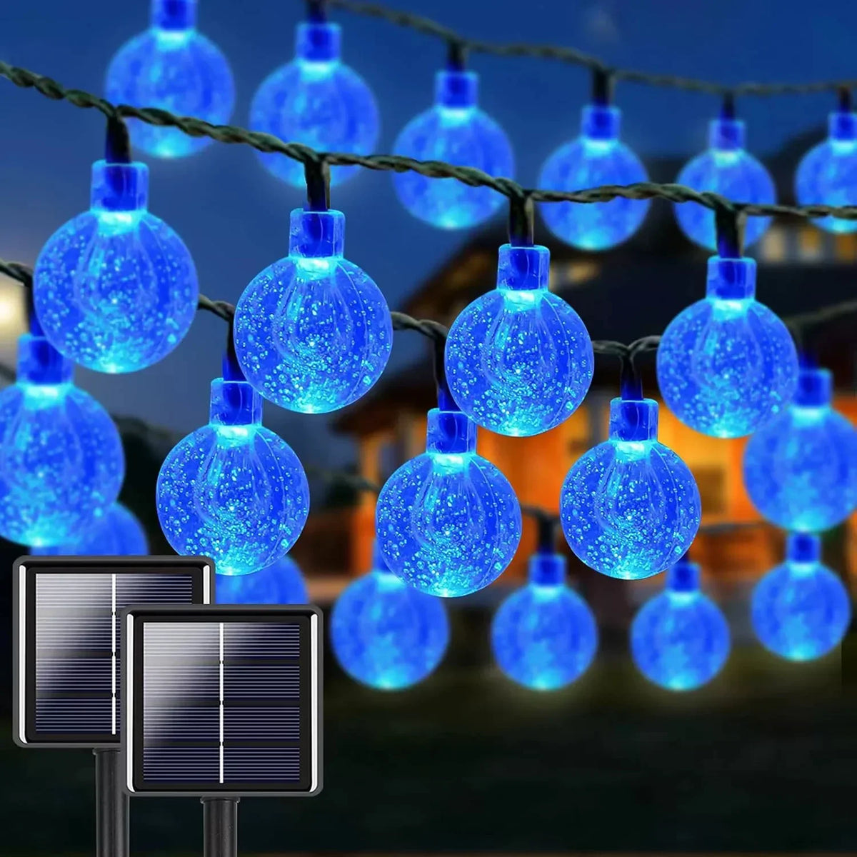 String lights featuring blue crystal-like bulbs powered by solar panels outdoors