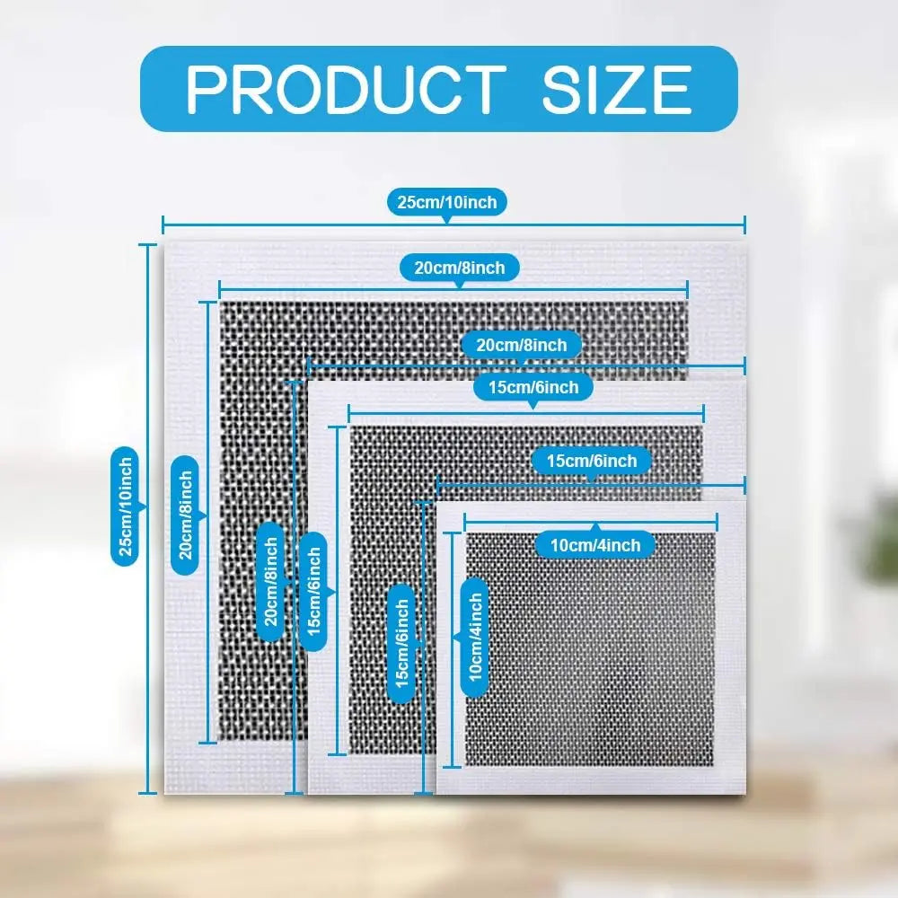 A diagram showing the various sizes of a heavy-duty self-adhesive drywall repair patch kit in inches and centimeters.