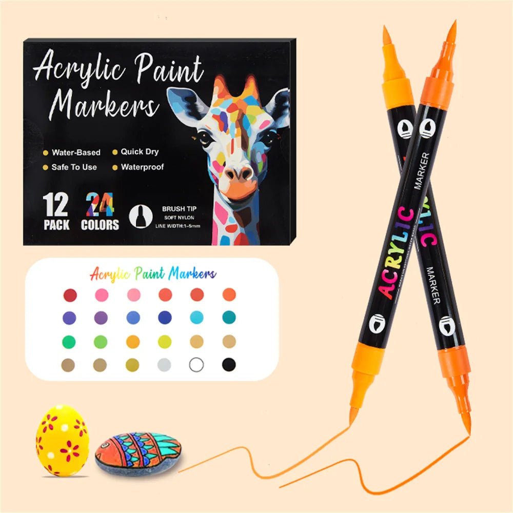 A set of acrylic paint markers in various colors and a pair of dual-tip markers with orange tips, next to some eggs and a sto