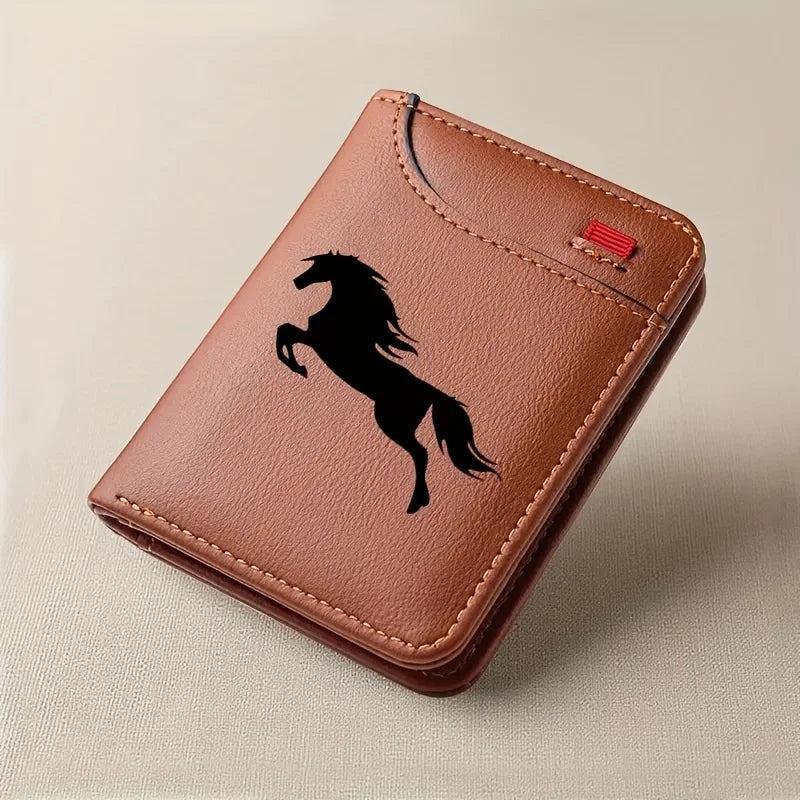 Men's Retro Faux Leather Card Holder with Black Horse Motif
