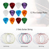 A collection of guitar accessories including 12 guitar picks and 3 sets of guitar strings: gold, multicoloured, and red.