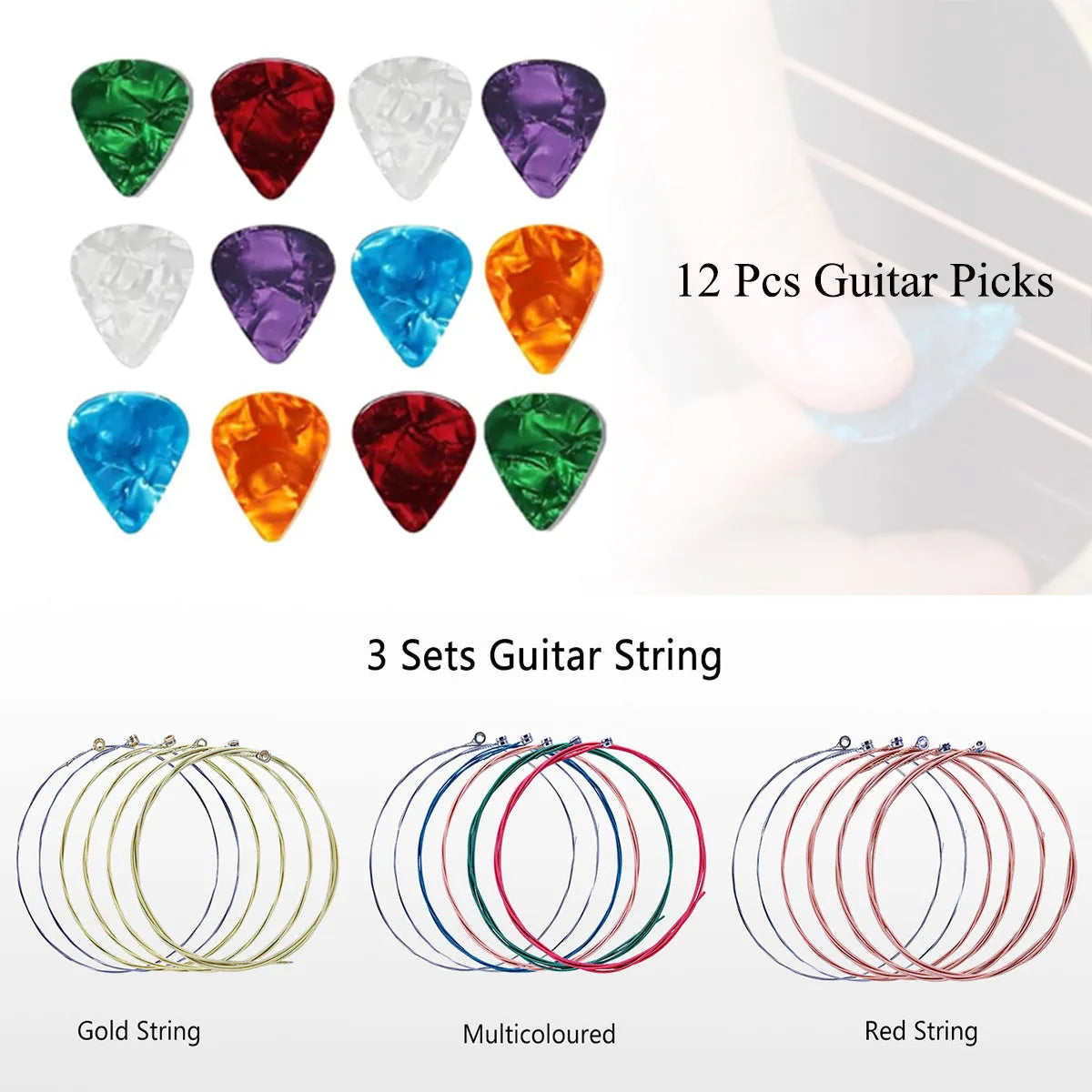 A collection of guitar accessories including 12 guitar picks and 3 sets of guitar strings: gold, multicoloured, and red.