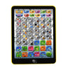 A yellow bilingual Spanish-English learning tablet displaying various letter and word flashcards.