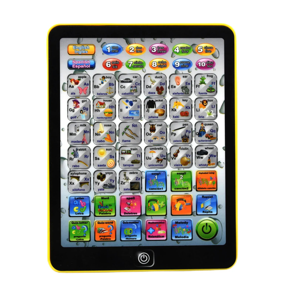 A yellow bilingual Spanish-English learning tablet displaying various letter and word flashcards.