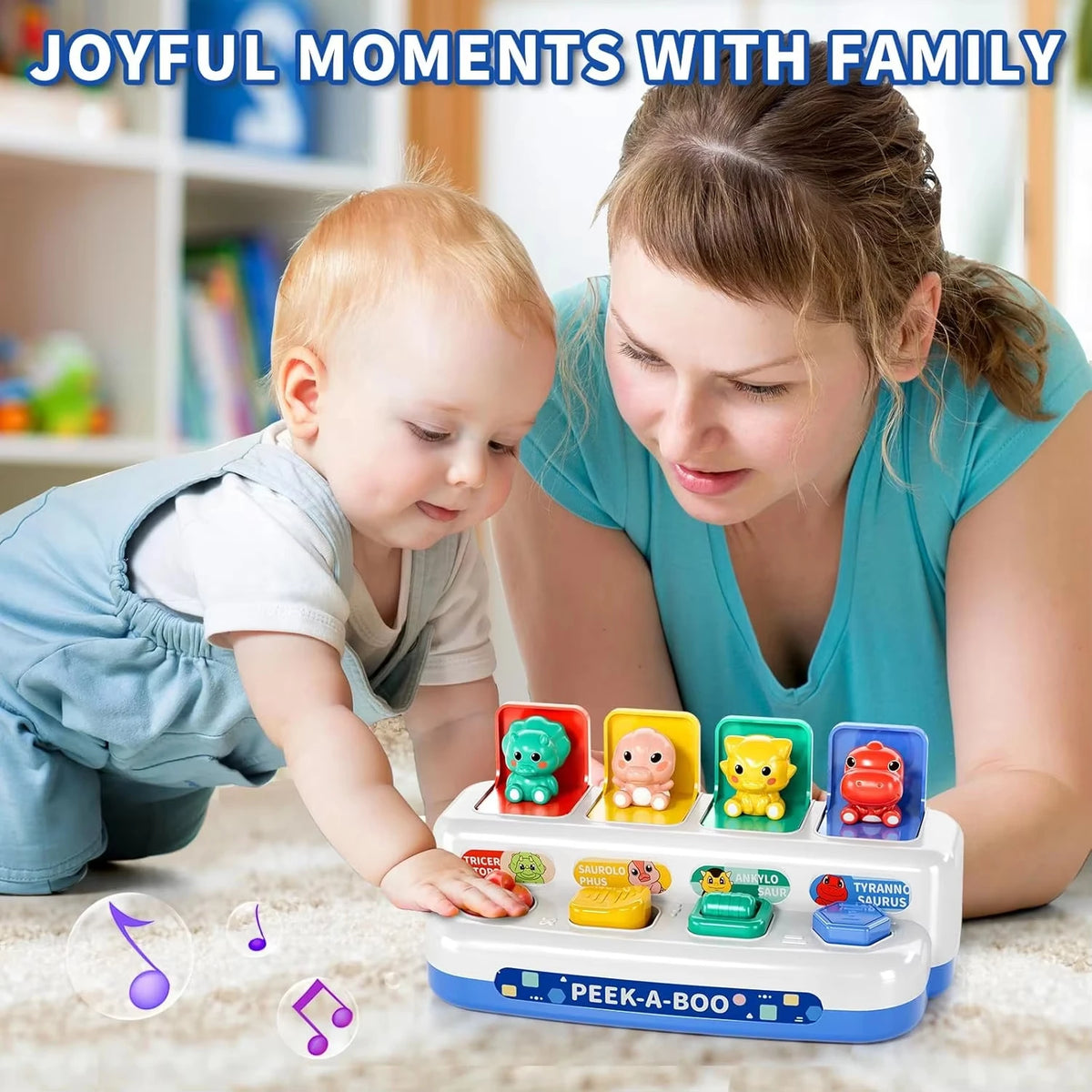 A woman is interacting with a toddler using a Peek-a-Boo dinosaur toy for sensory learning.